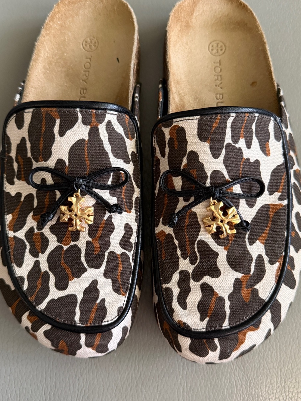 Tory Burch Brown Leopard Print Slip-On Mules with Black Trim